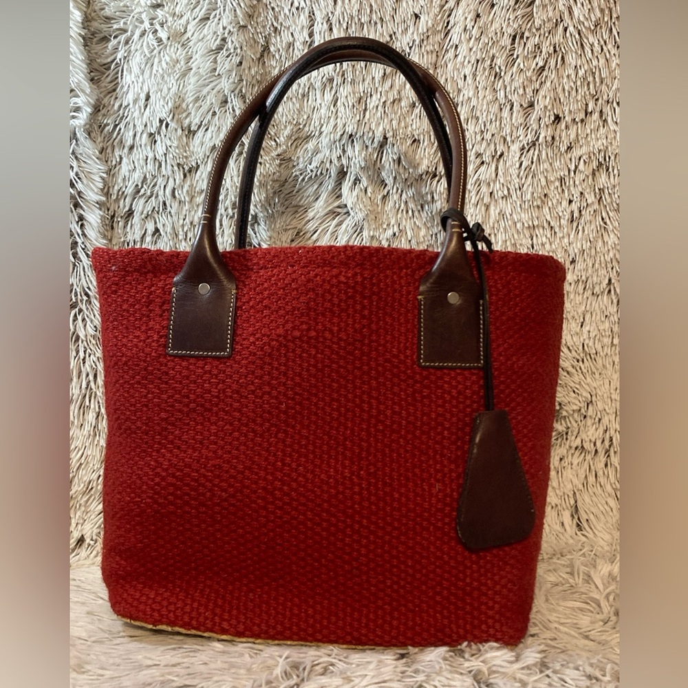 GAP Red Woven Tote with Brown Leather Handles